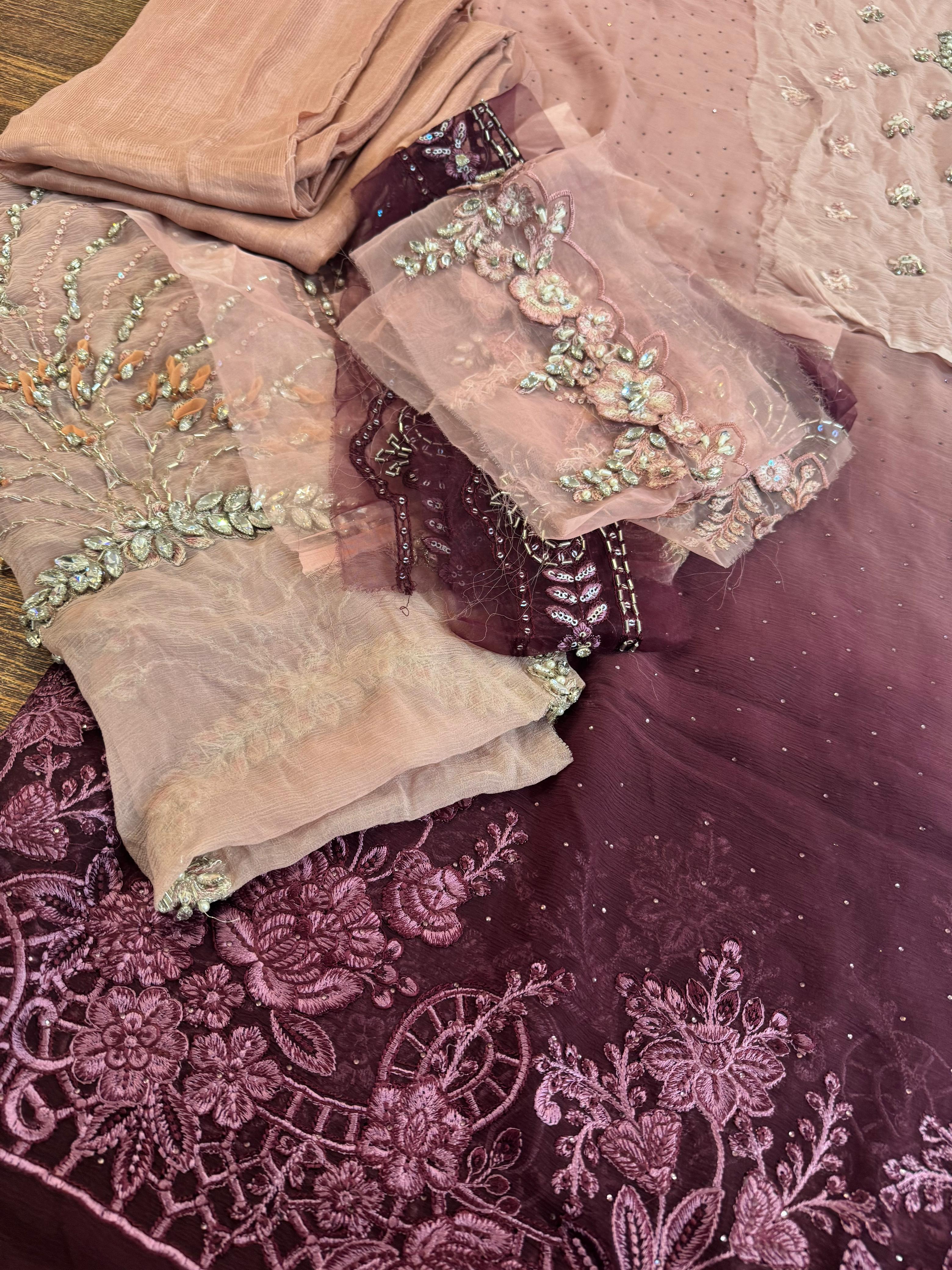 Maria B Embroidered Luxe Chiffon Saree – Majestic Mauve Wedding & Eid Edition 2025