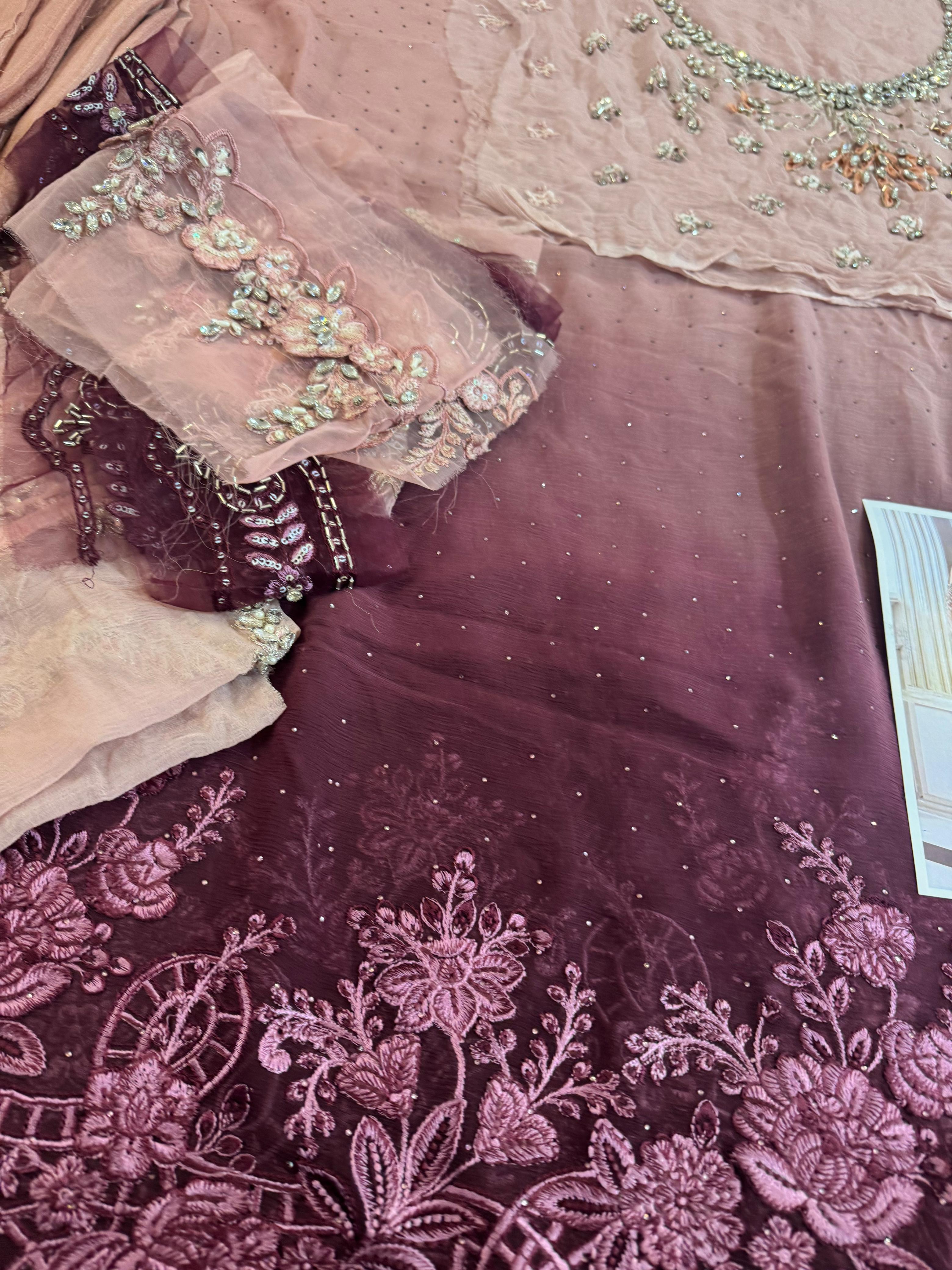Maria B Embroidered Luxe Chiffon Saree – Majestic Mauve Wedding & Eid Edition 2025