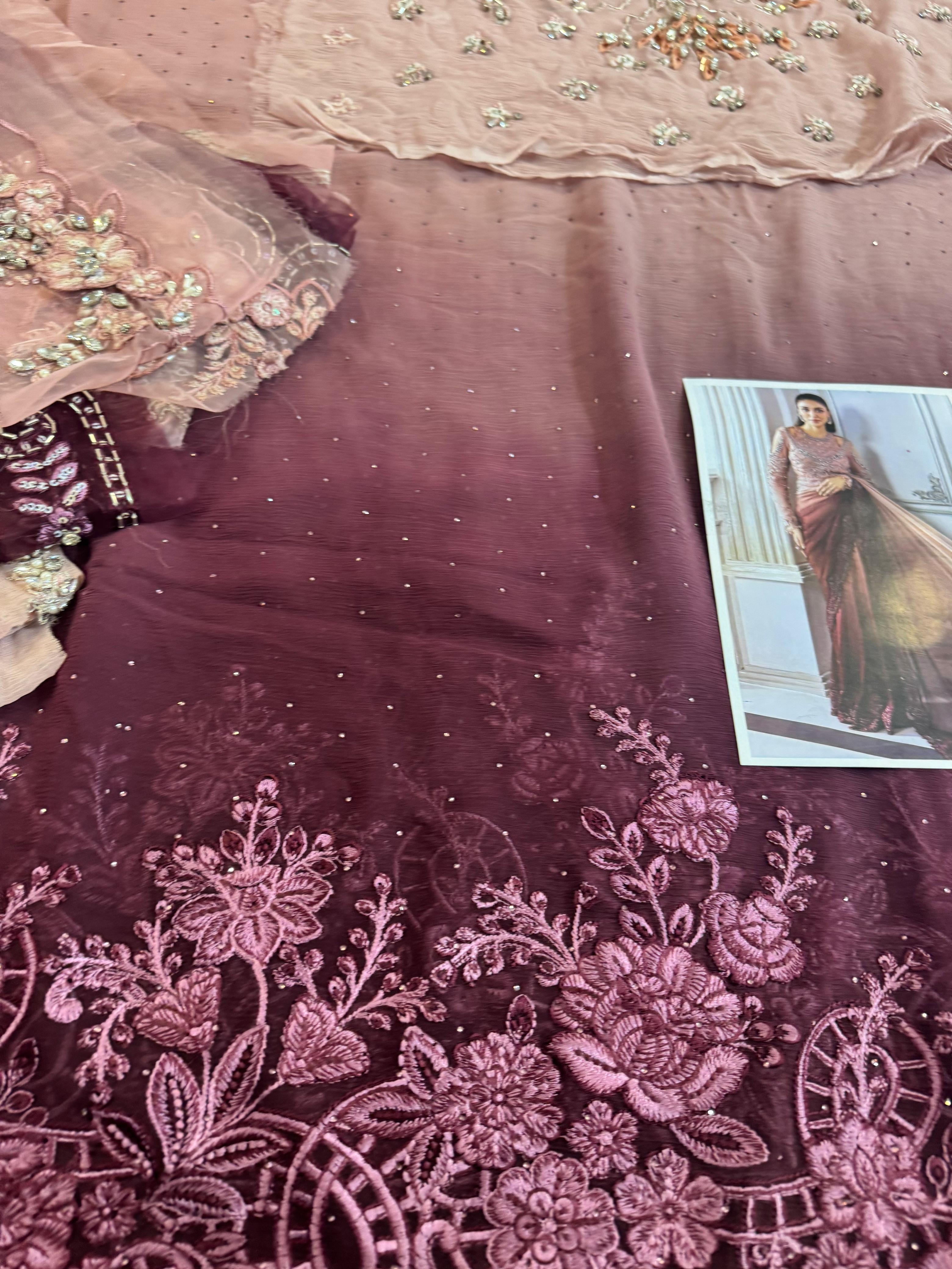 Maria B Embroidered Luxe Chiffon Saree – Majestic Mauve Wedding & Eid Edition 2025