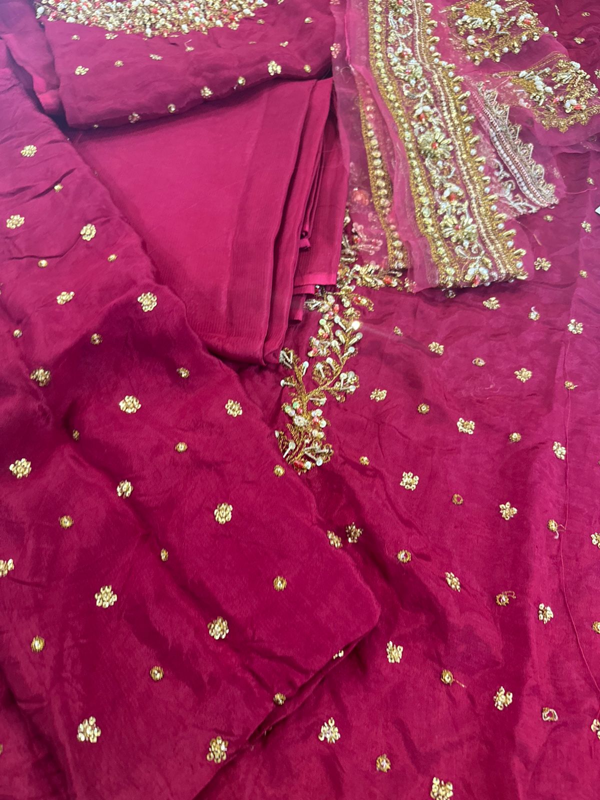 Haris Shakeel Wedding Edition Shocking Pink Chiffon Outfit – Hand Embellished with Sequins, Dabka & Cora Work