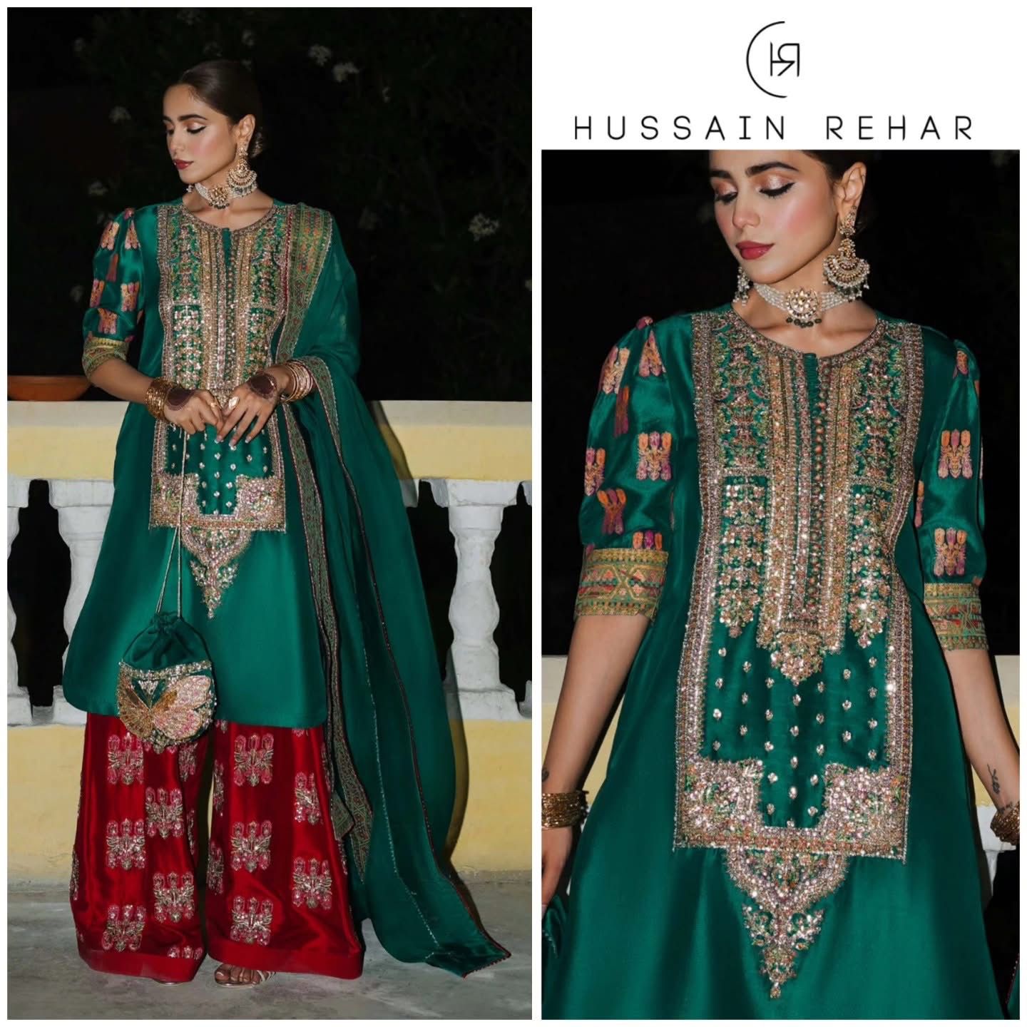 Hussain Rehar – Green & Red Chiffon Bridal Wedding Edition