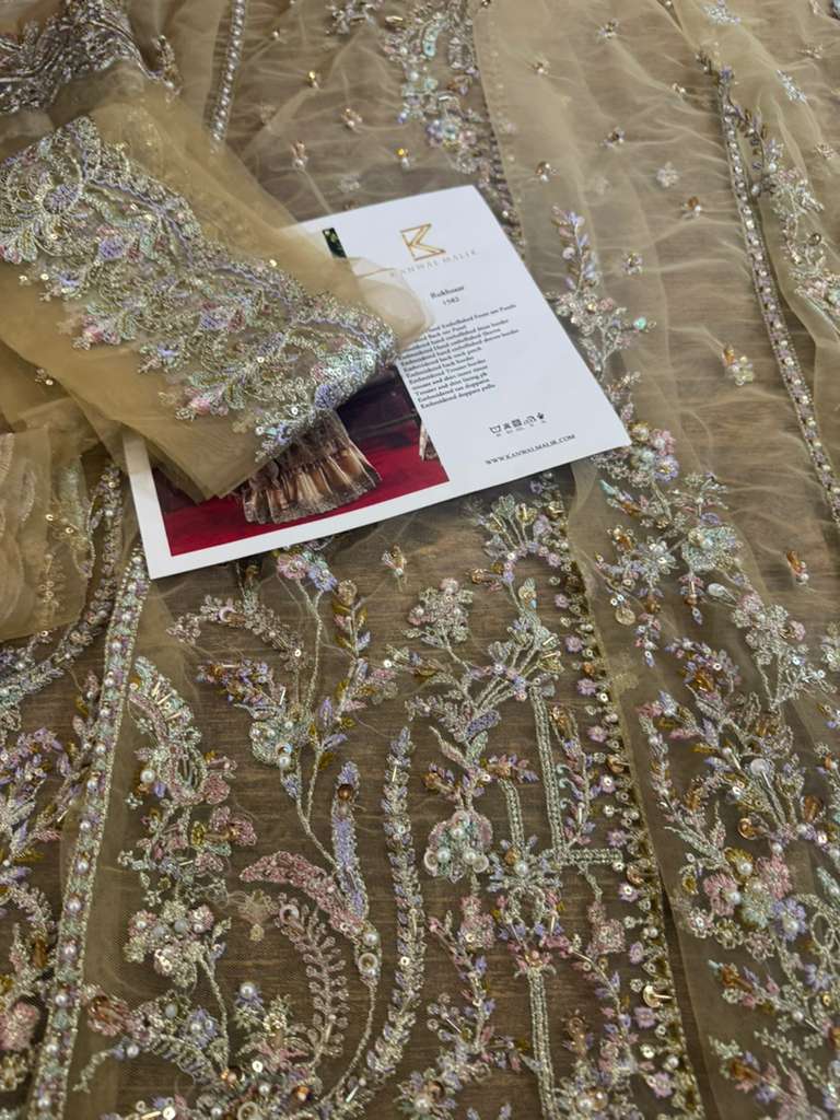 Kanwal Malik Champagne Bridal Chiffon Ensemble – Elegant Net & Tissue Gown