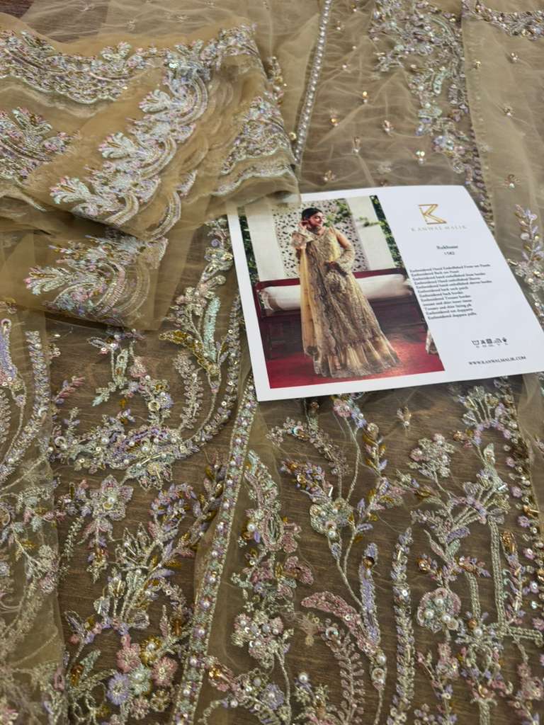 Kanwal Malik Champagne Bridal Chiffon Ensemble – Elegant Net & Tissue Gown