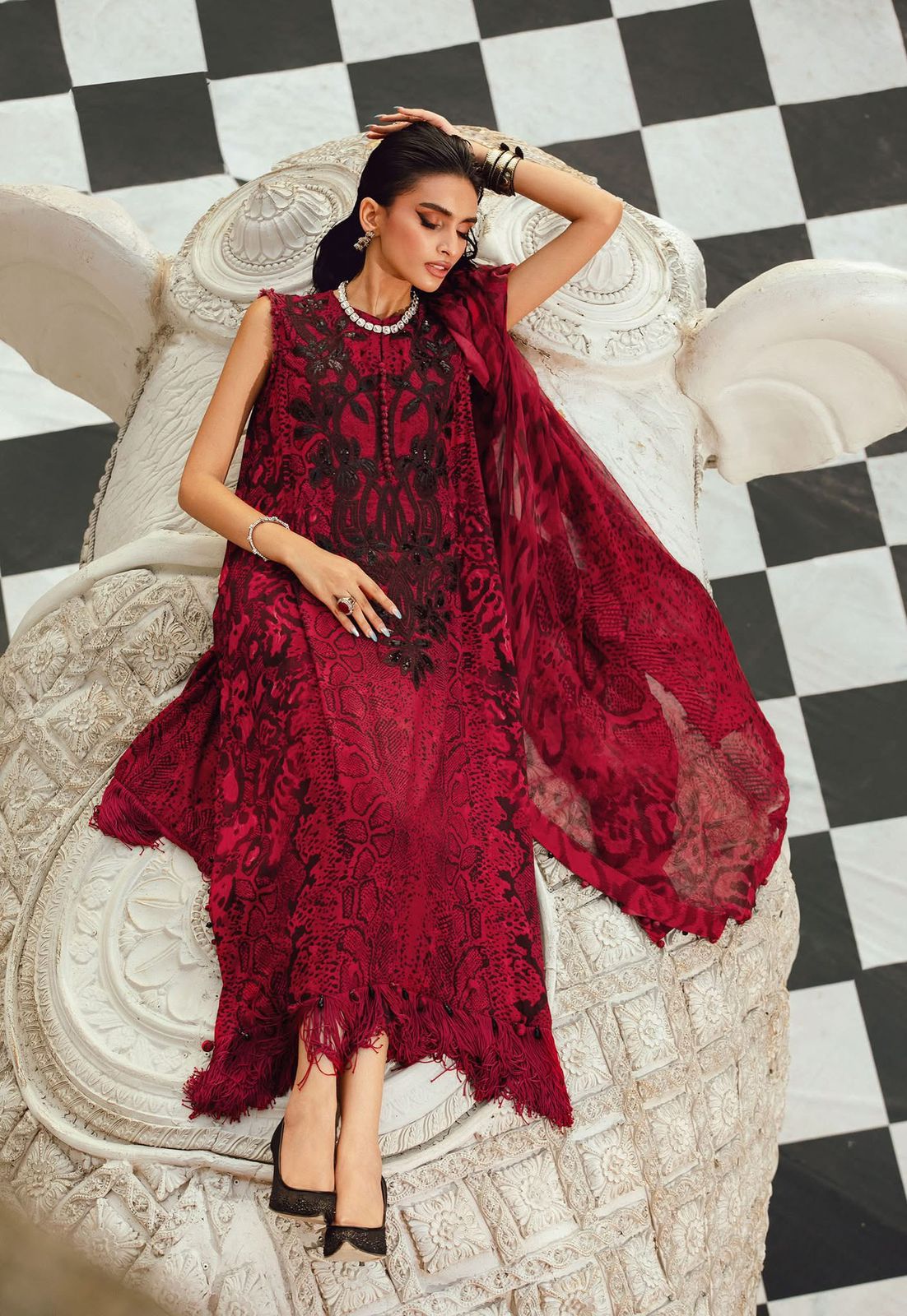 Maria B MPrint Winter Collection – Red & Black Chiffon 3 Piece Suit