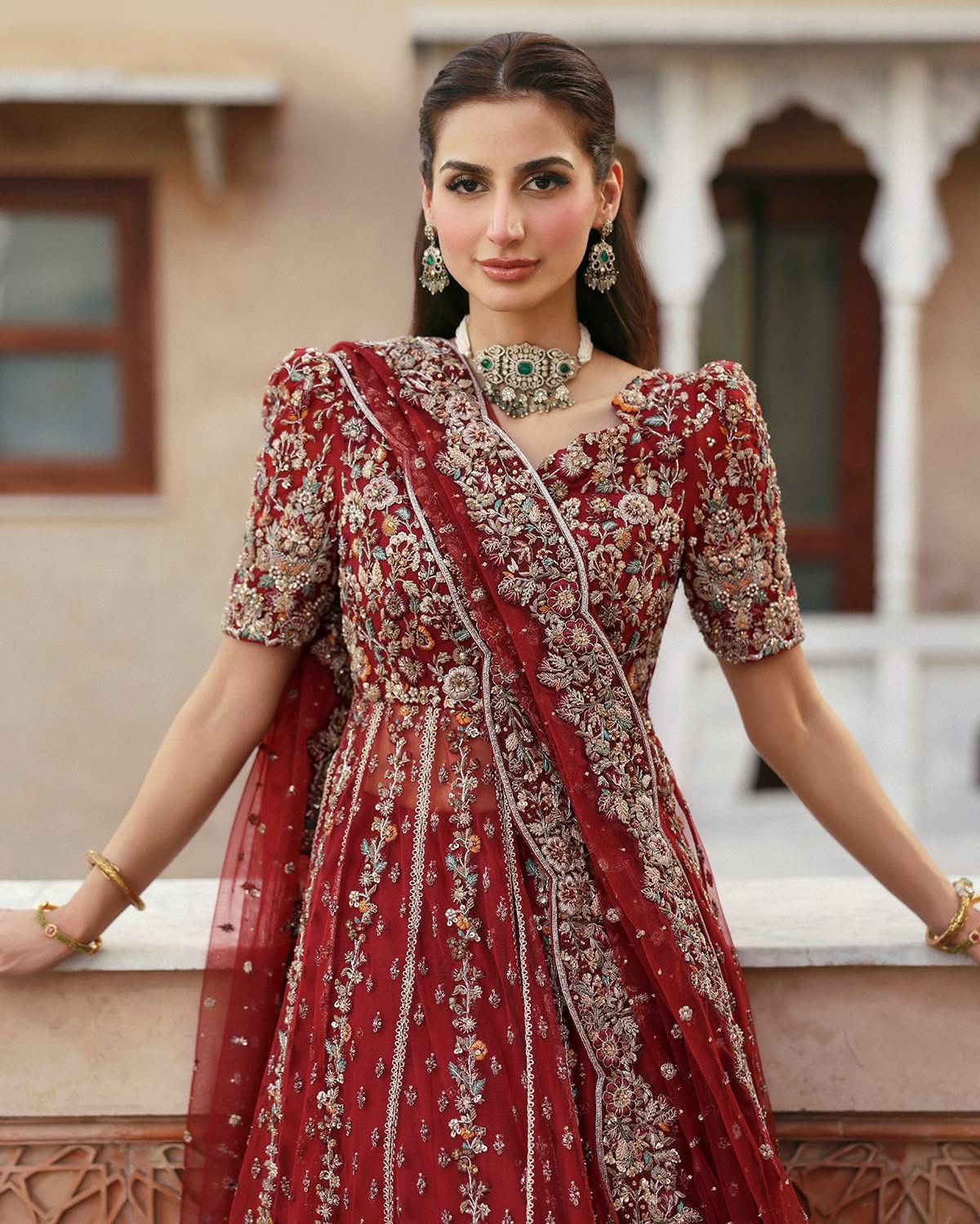 Faiza Saqlain Bridal Maxi – Red Embellished Net & Korean Raw Silk Ensemble