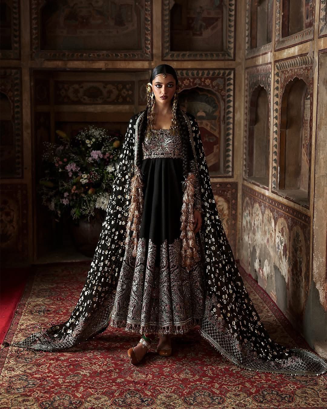 Hussain Rehar Luxury Korean Silk Peshwas – Black Embroidered Festive Ensemble