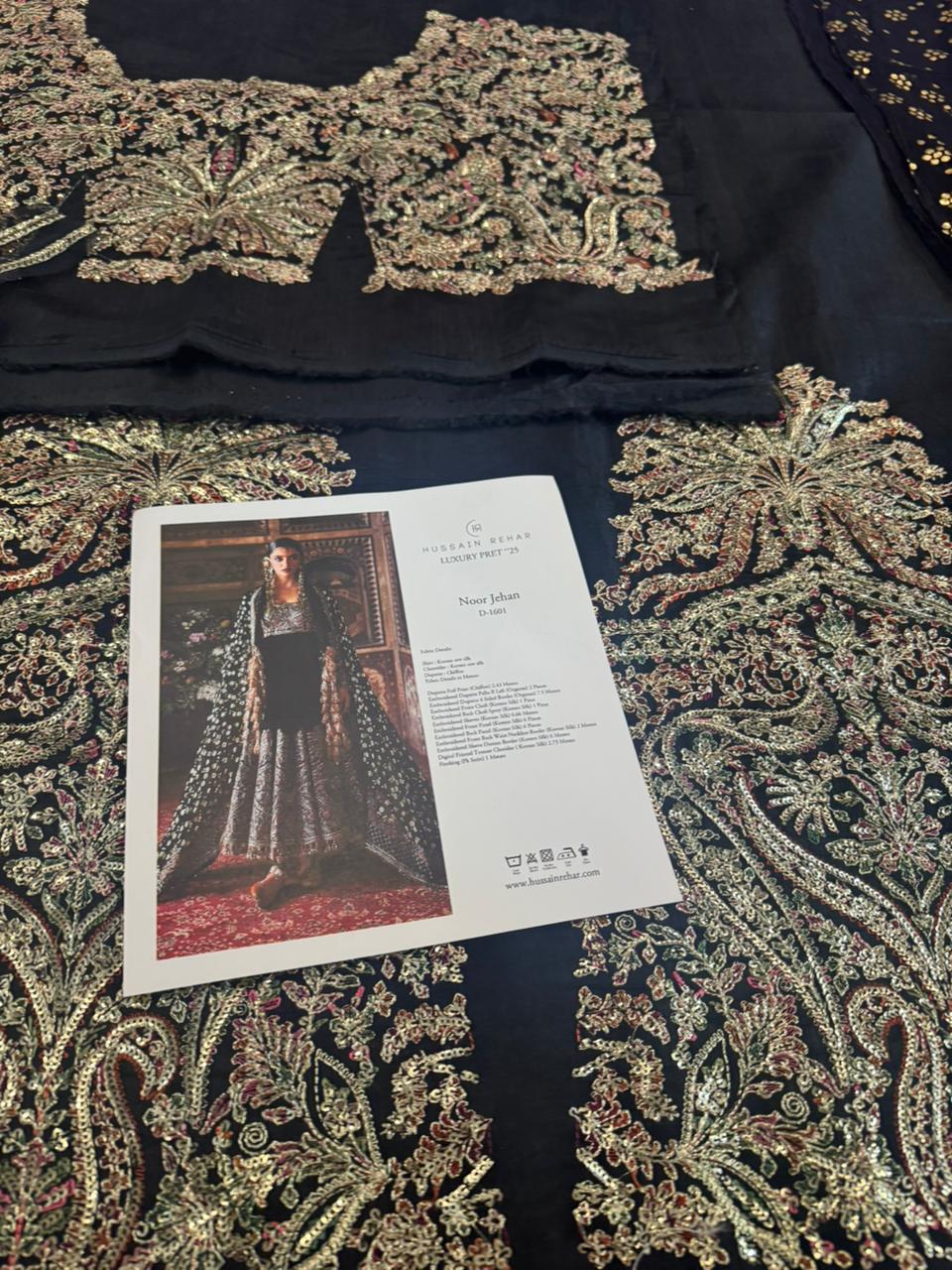 Hussain Rehar Luxury Korean Silk Peshwas – Black Embroidered Festive Ensemble