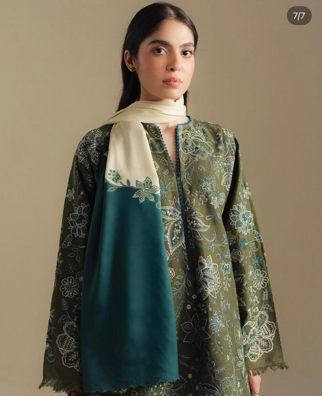 Coco by Zara Shahjahan – Olive Khaddar Suit with Embroidered Panels & Printed Winter Shawl
