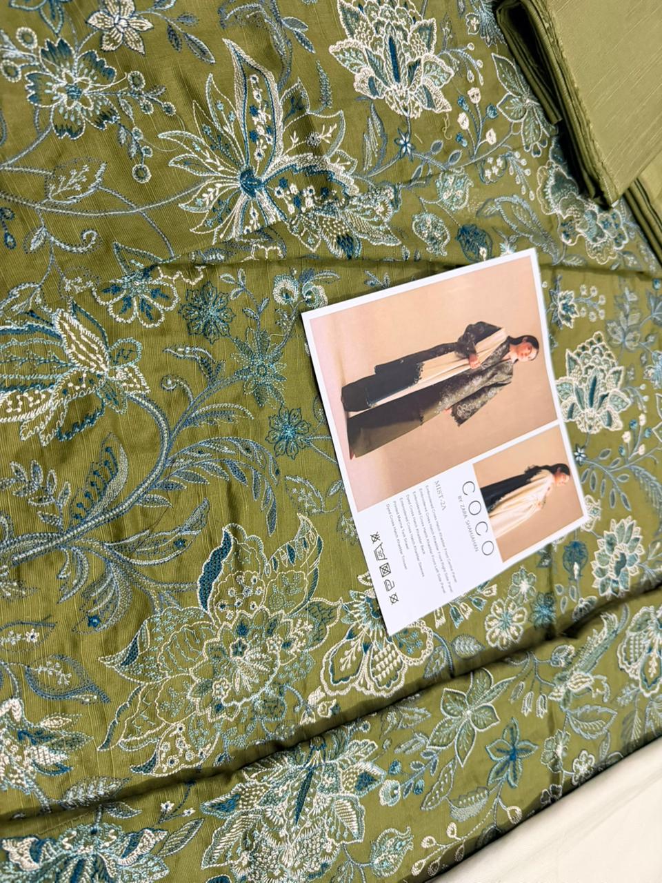 Coco by Zara Shahjahan – Olive Khaddar Suit with Embroidered Panels & Printed Winter Shawl