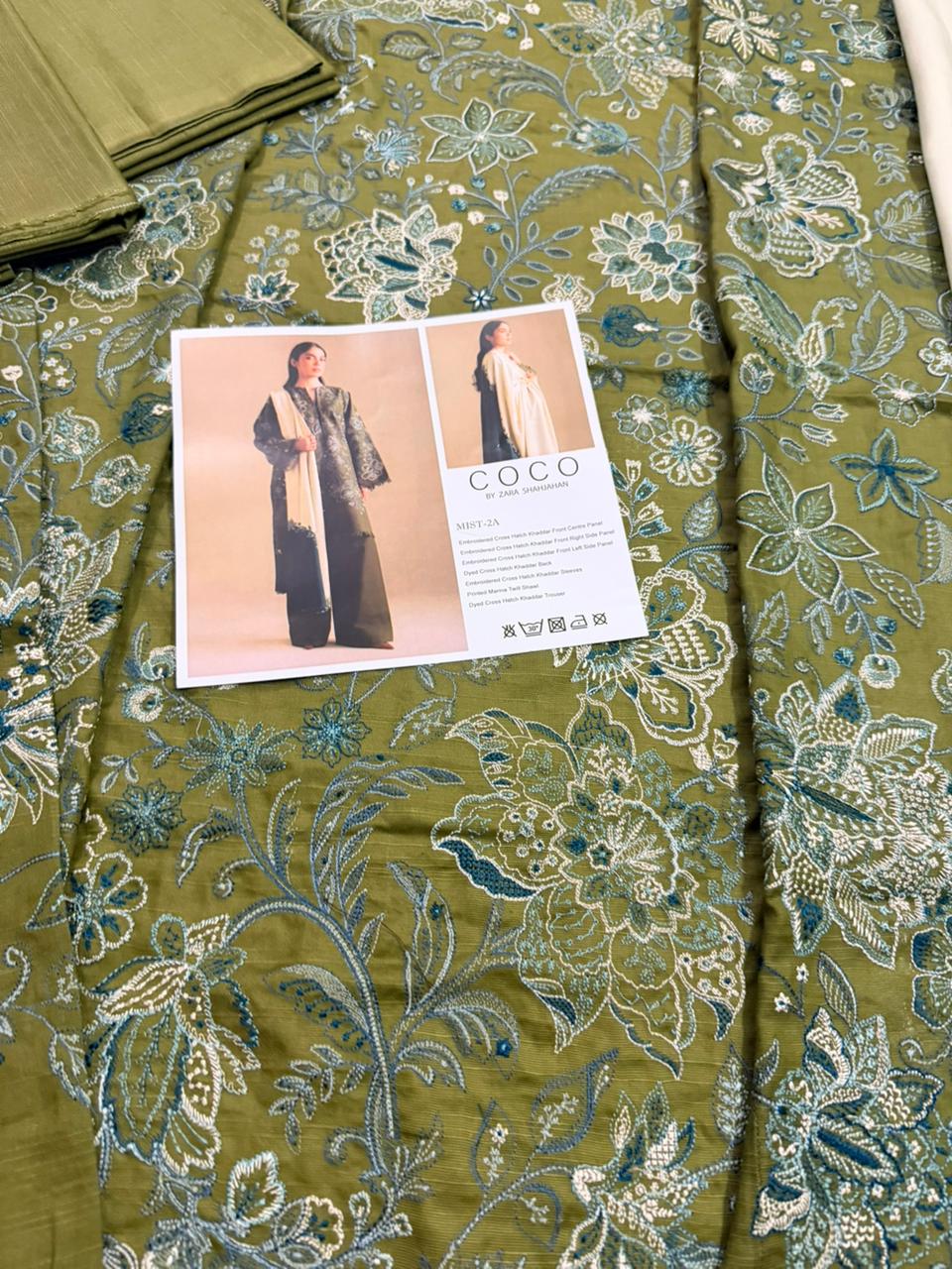 Coco by Zara Shahjahan – Olive Khaddar Suit with Embroidered Panels & Printed Winter Shawl