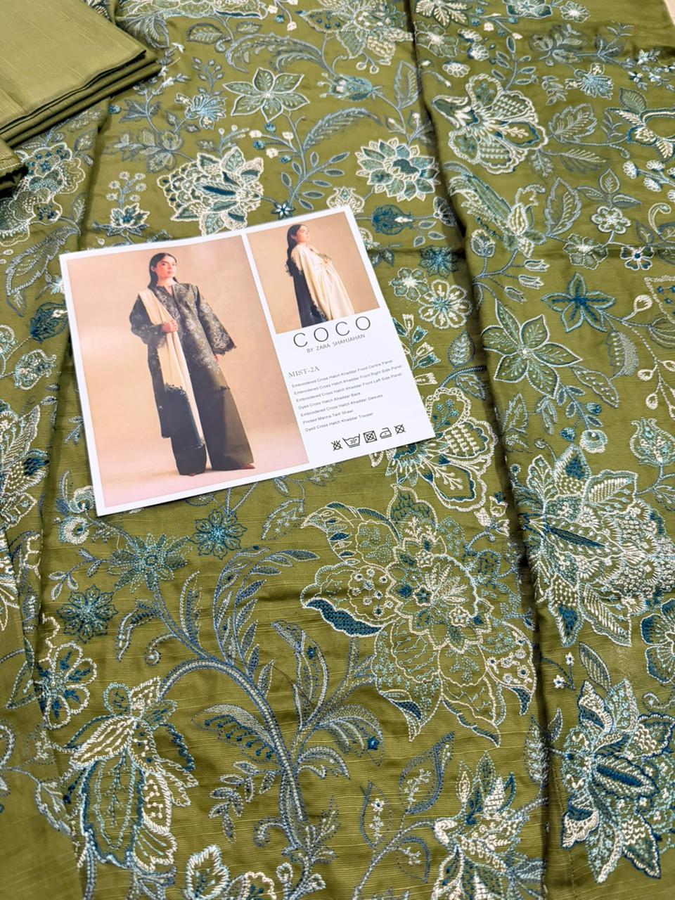 Coco by Zara Shahjahan – Olive Khaddar Suit with Embroidered Panels & Printed Winter Shawl