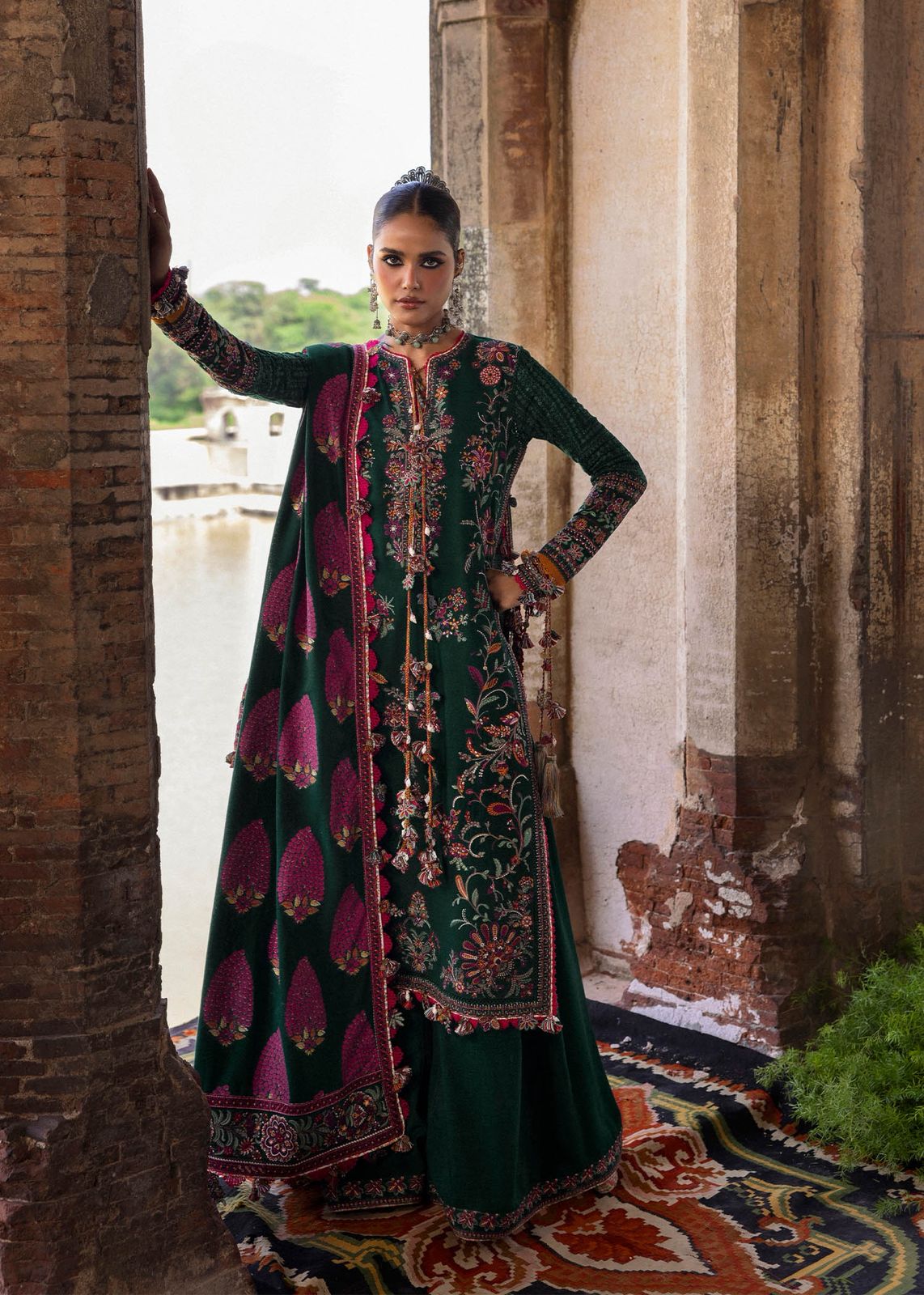 Hussain Rehar – Green Karandi Winter Ensemble with Luxe Embroidery