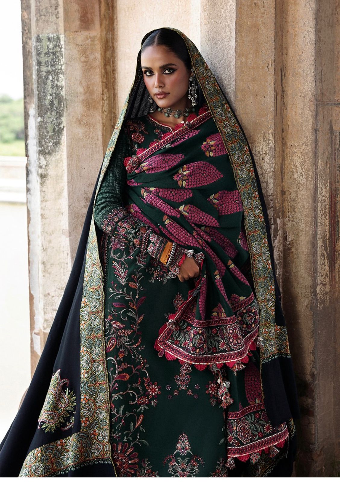 Hussain Rehar – Green Karandi Winter Ensemble with Luxe Embroidery