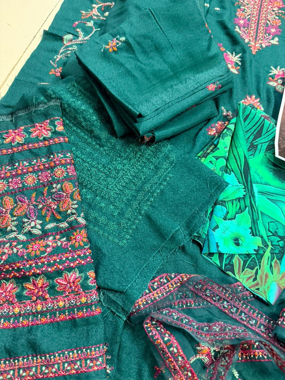 Hussain Rehar – Green Karandi Winter Ensemble with Luxe Embroidery