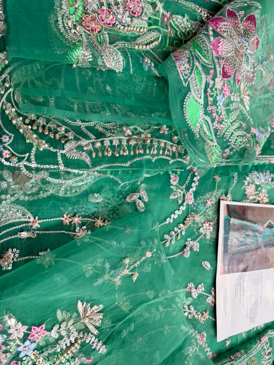 Soraya – Mazari Green Hand-Embellished Organza Ensemble (Unstitched)