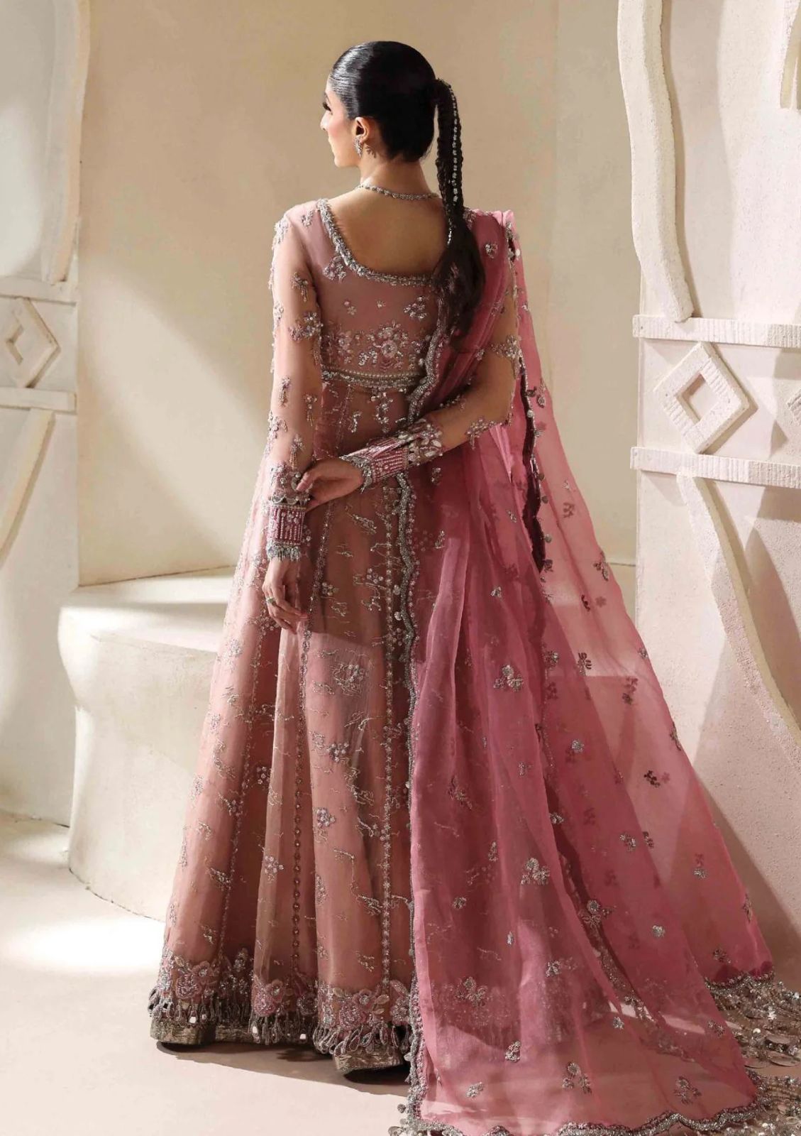 Republicwomenswear Dusty Peach Organza Embroidered Lehenga