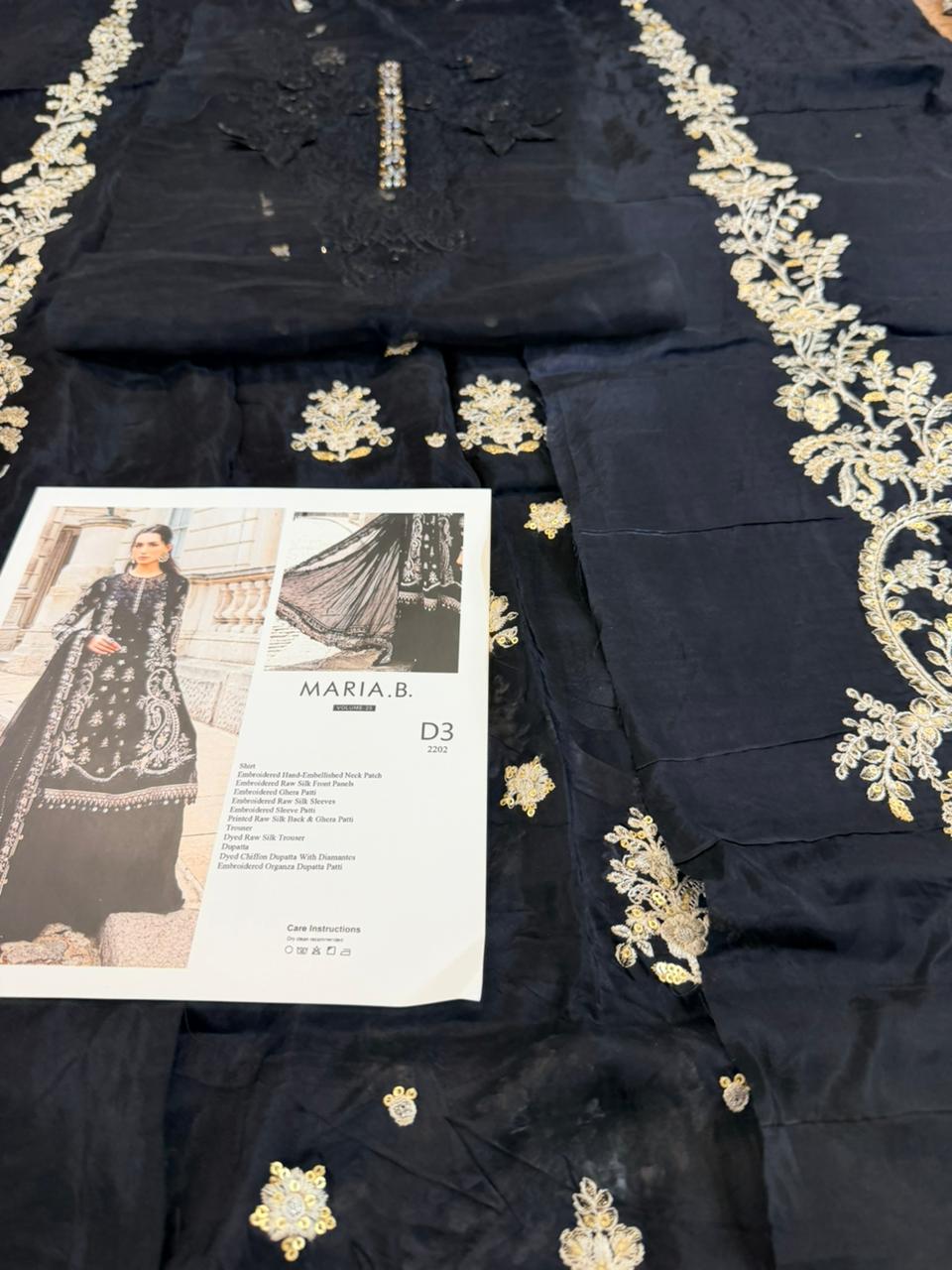Maria.B Soiree Black Silk Suit with Embroidered Panels & Chiffon Dupatta