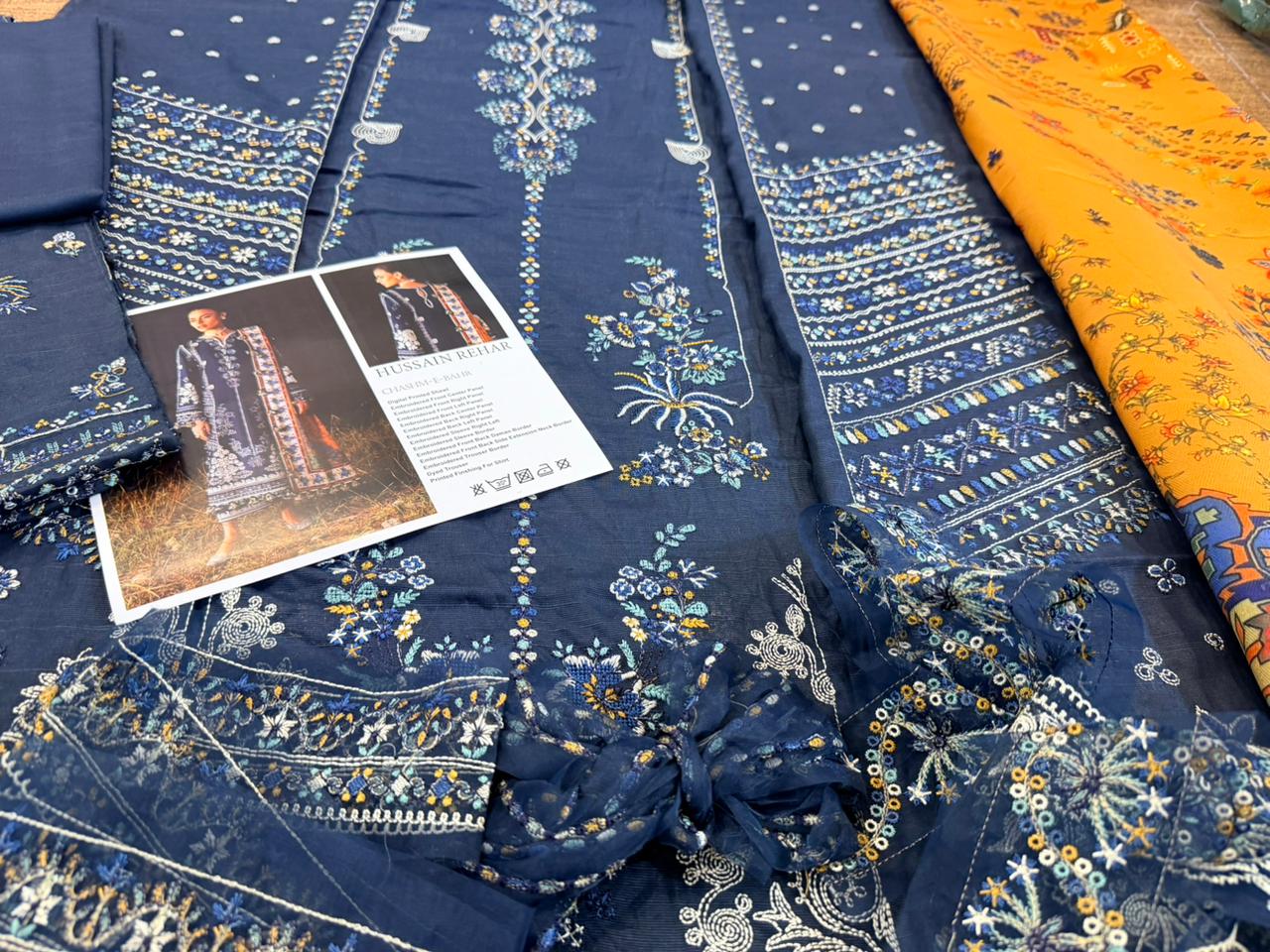 Hussain Rehar Dark Blue Khaddar Winter Suit with Embroidered Panels & Wool Shawl