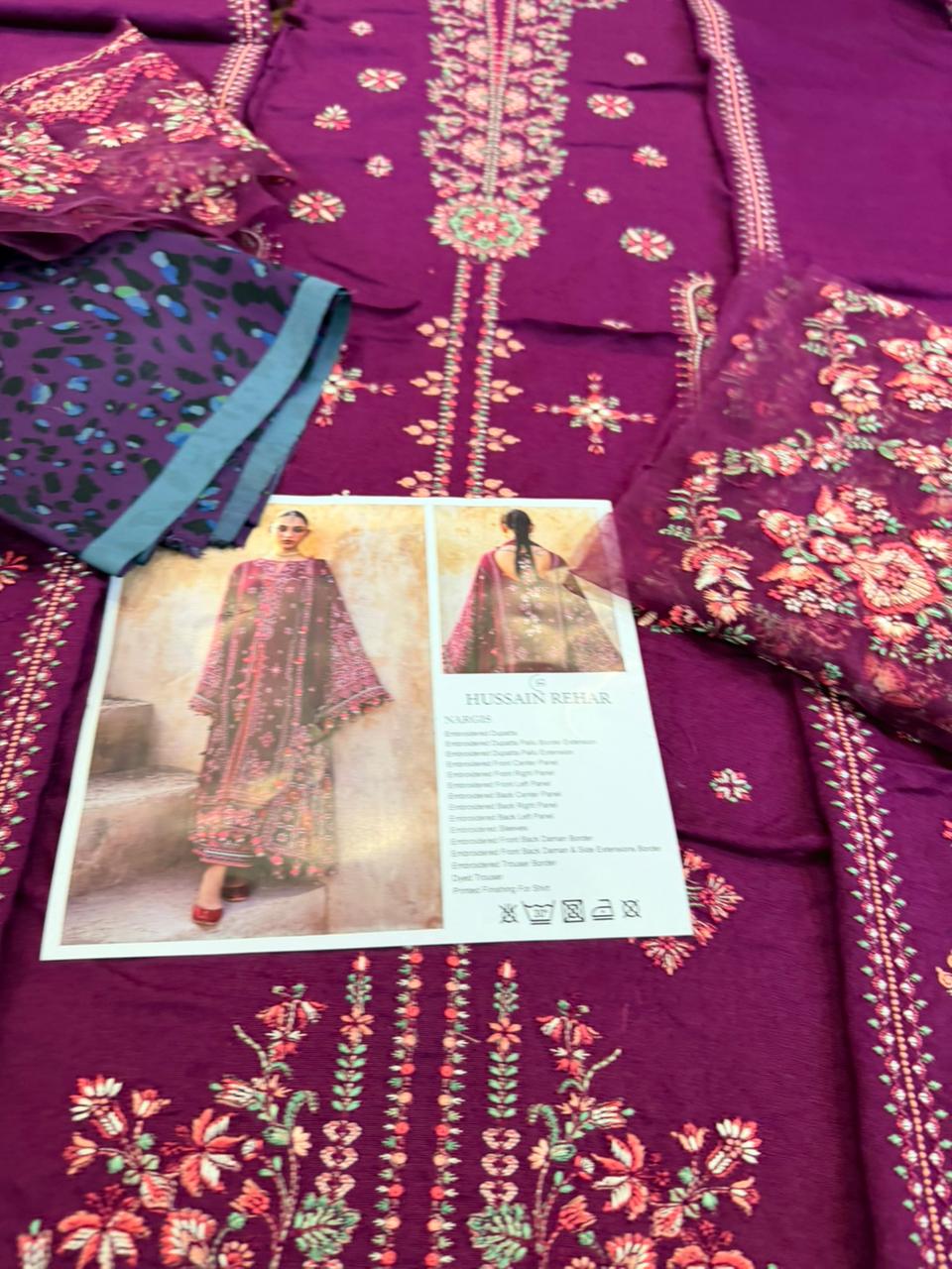 Hussain Rehar Hot Pink Karandi Embroidered Suit with Chiffon Dupatta