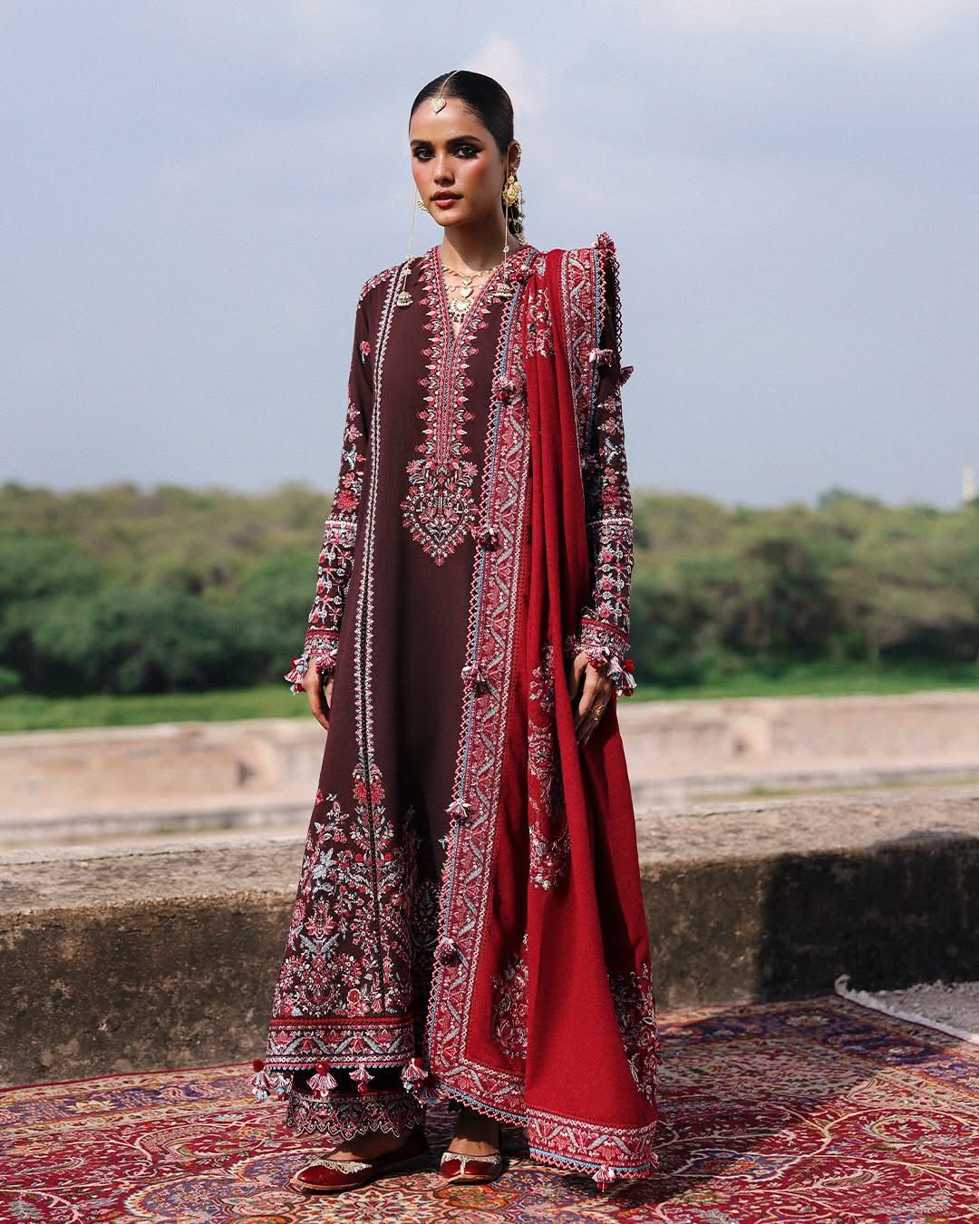 Hussain Rehar Chocolate Brown Karandi Suit | Luxury Winter Wear