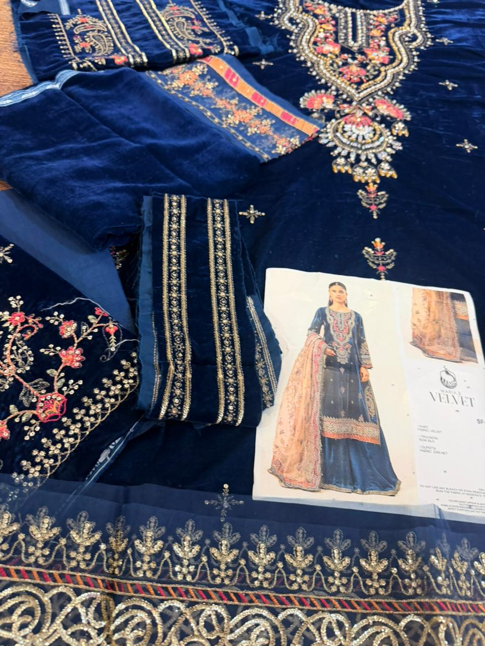 Maria B Velvet Teal Blue Suit | Embroidered Winter Formal