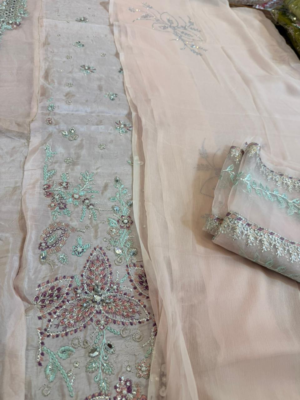 Maria B Wedding Nude Pink Gharara Suit | Hand Embellished Raw Silk