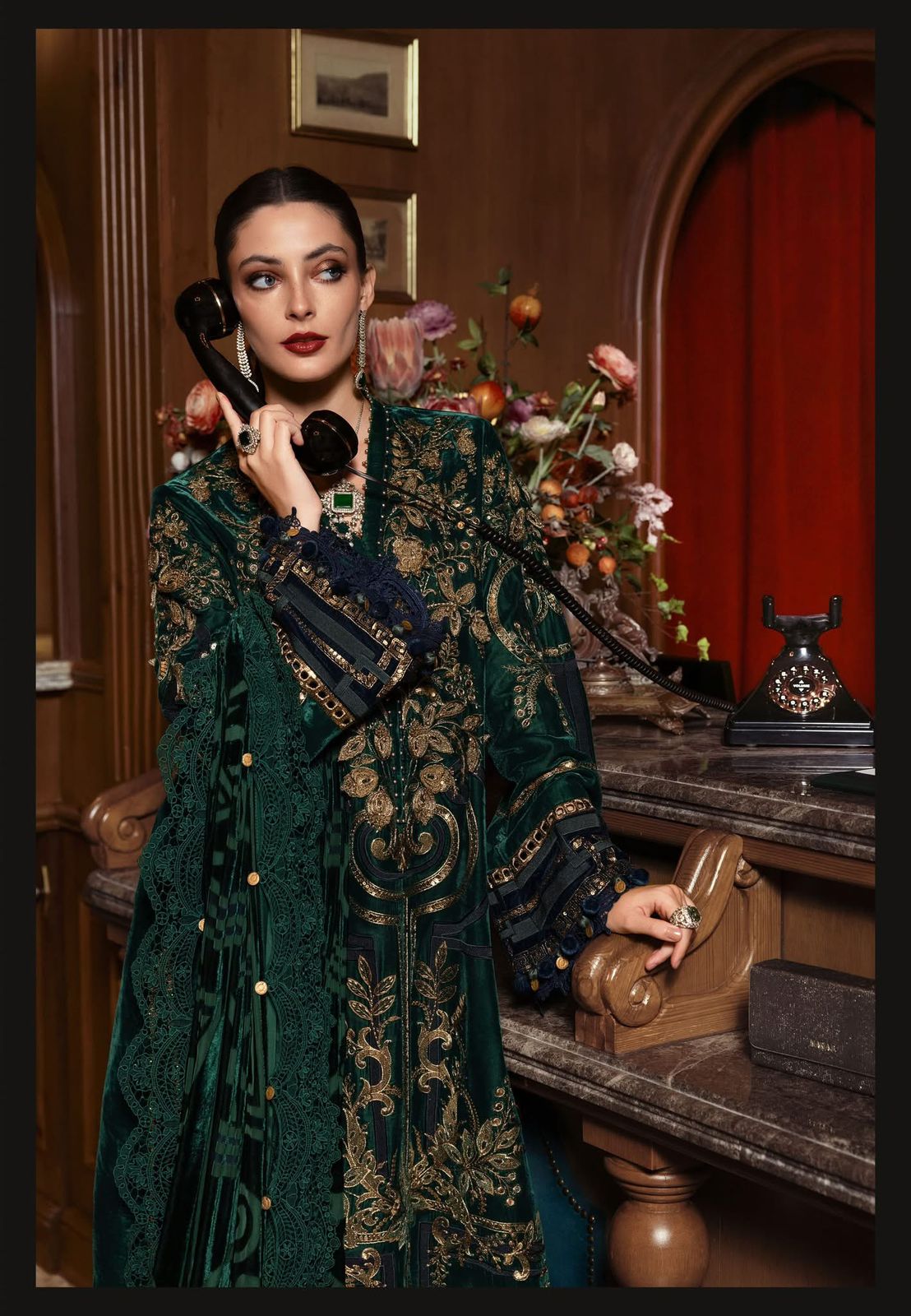 Maria B Winter Luxe Teal Green Velvet Suit | 3D Embellishments