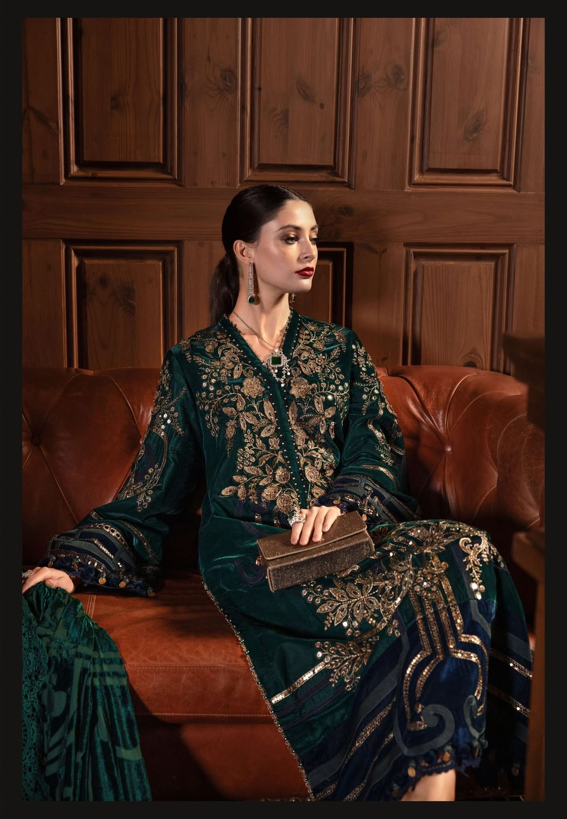 Maria B Winter Luxe Teal Green Velvet Suit | 3D Embellishments