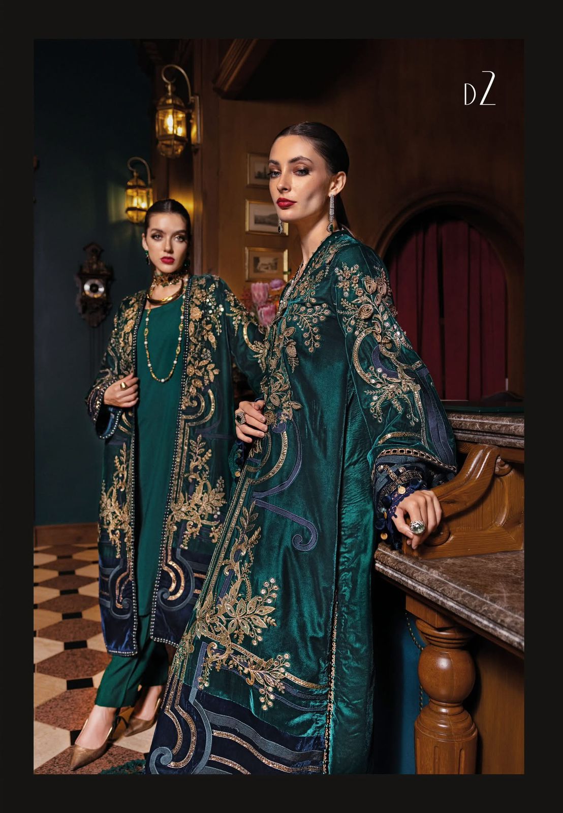 Maria B Winter Luxe Teal Green Velvet Suit | 3D Embellishments