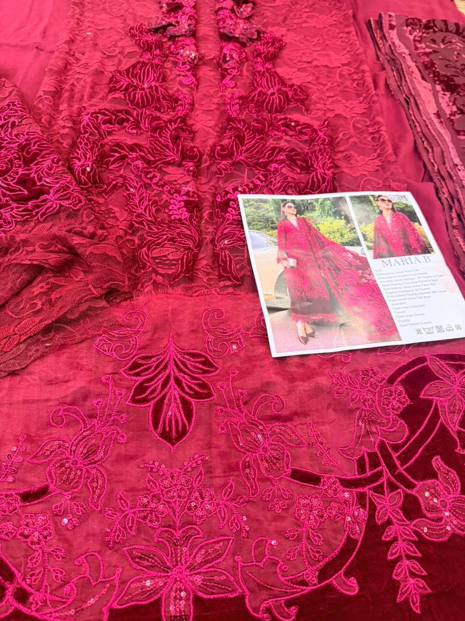 Maria B Winter Luxe Maroon Chantilly & Velvet Suit