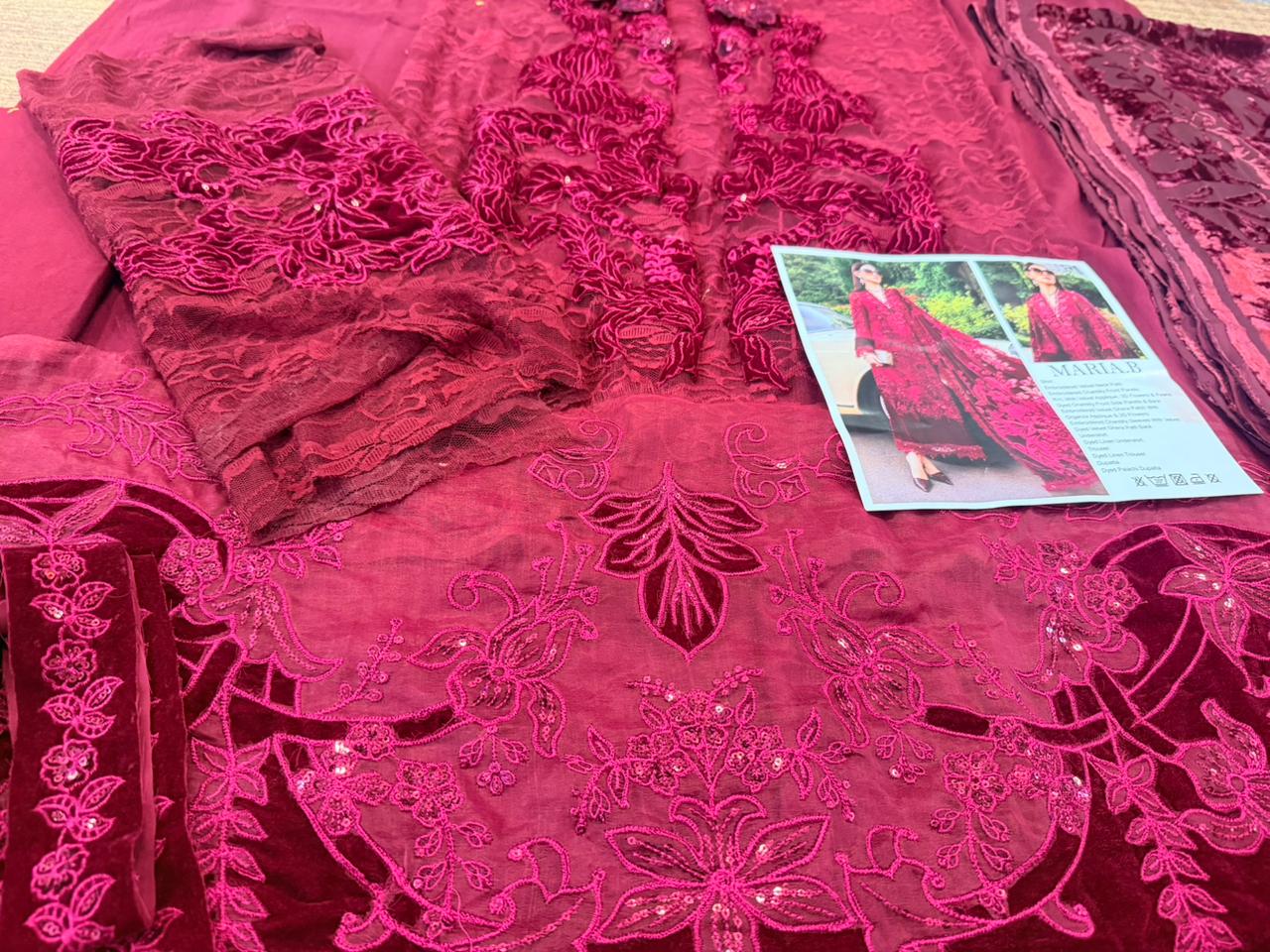 Maria B Winter Luxe Maroon Chantilly & Velvet Suit