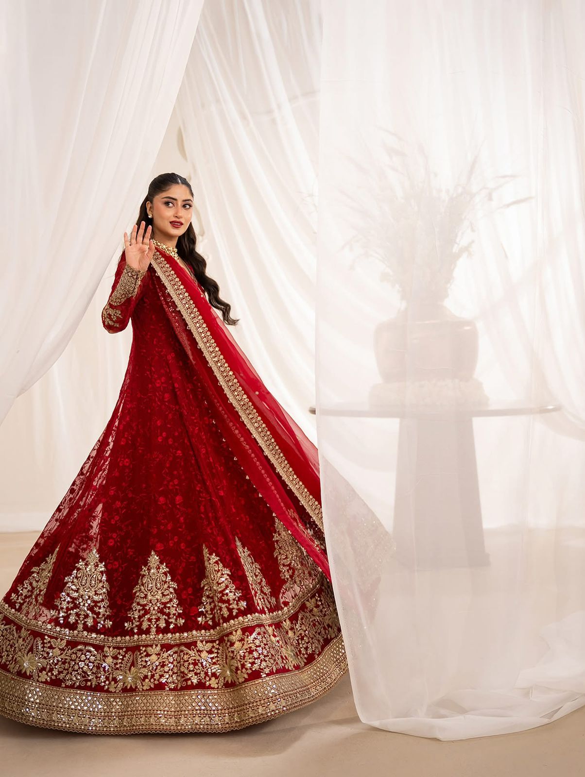 Faiza Saqlain Scarlet Chiffon Gul Suit | Embroidered Festive Formal