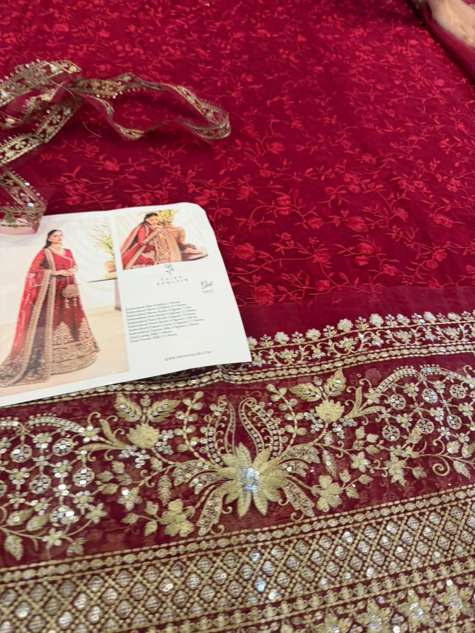 Faiza Saqlain Scarlet Chiffon Gul Suit | Embroidered Festive Formal