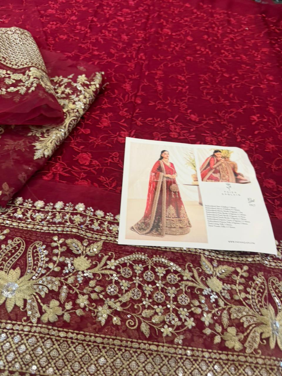 Faiza Saqlain Scarlet Chiffon Gul Suit | Embroidered Festive Formal