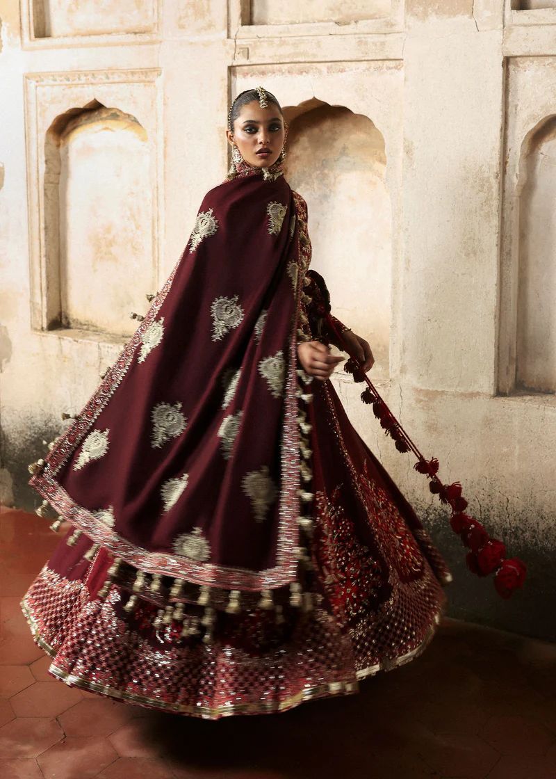 Hussain Rehar Burgundy & Maroon Pishwas | Korean Raw Silk Shawl Set