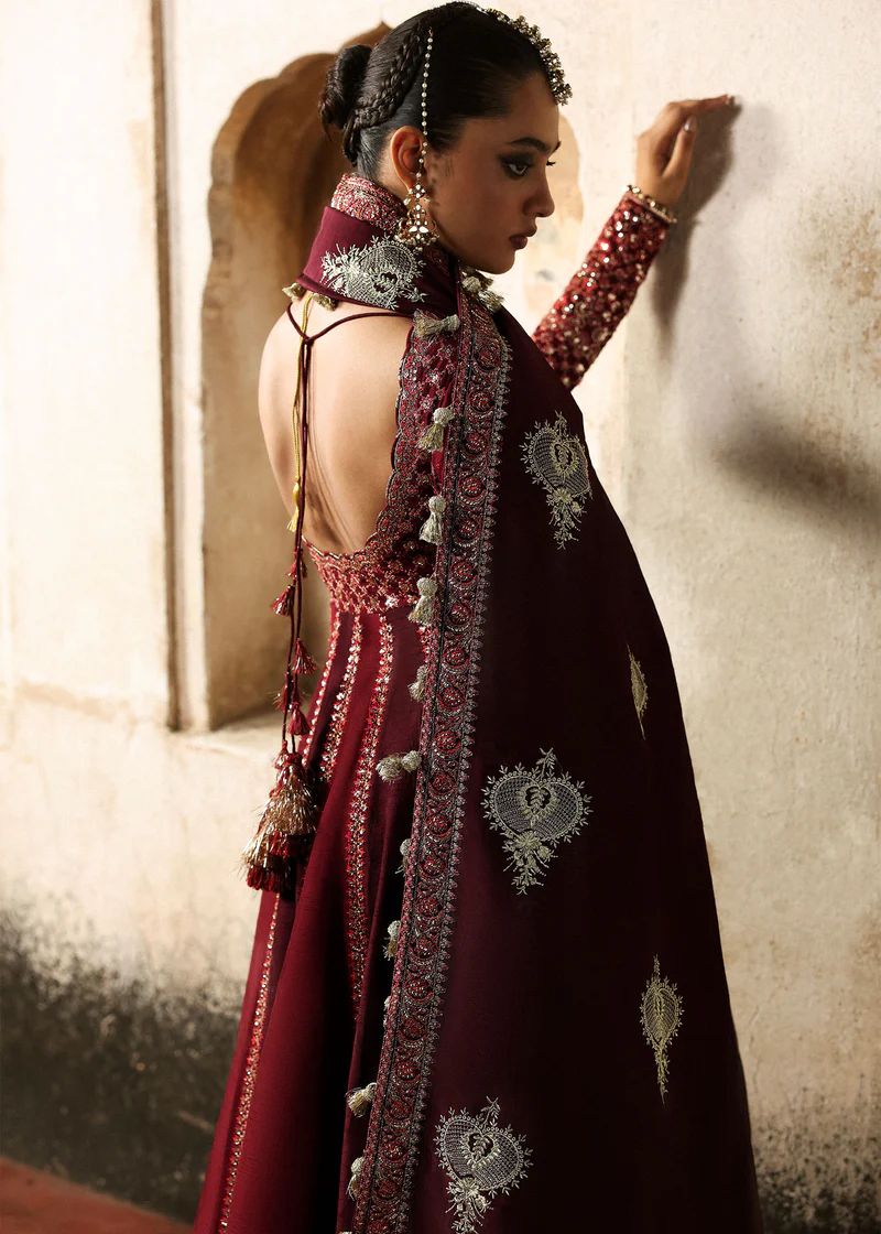 Hussain Rehar Burgundy & Maroon Pishwas | Korean Raw Silk Shawl Set