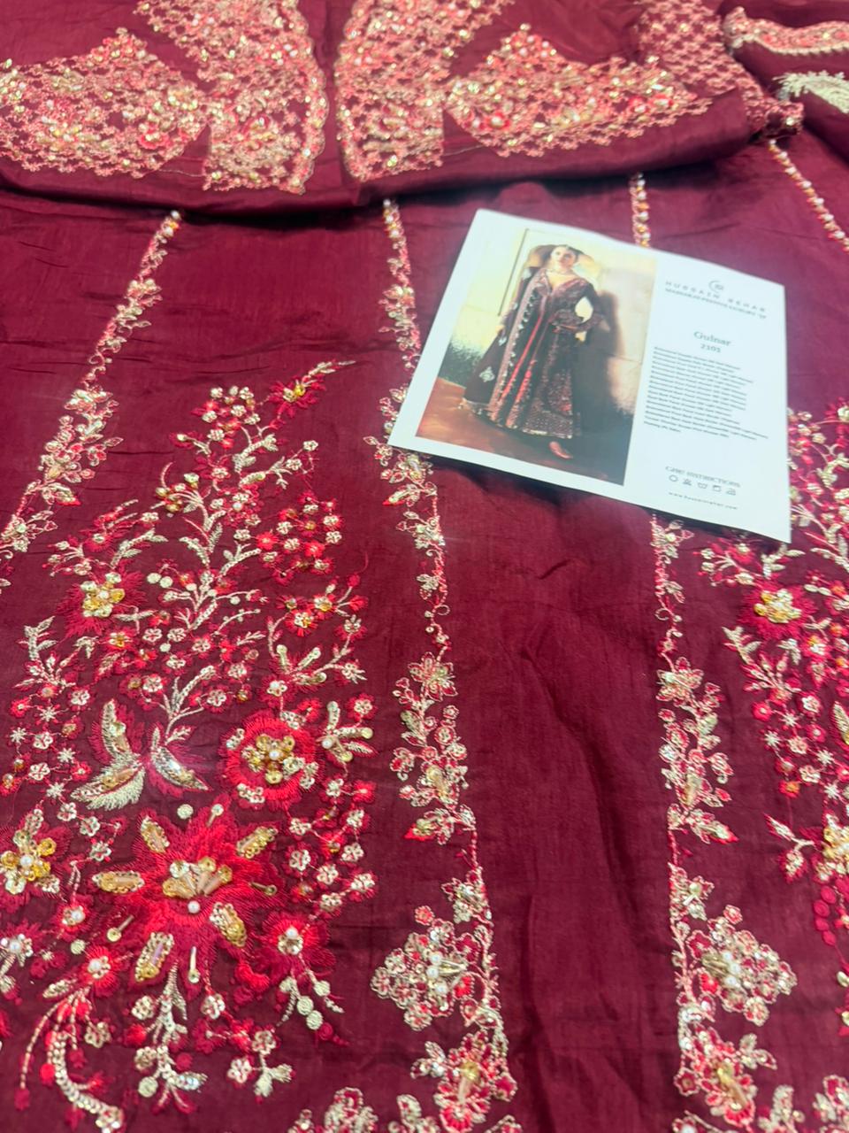 Hussain Rehar Burgundy & Maroon Pishwas | Korean Raw Silk Shawl Set