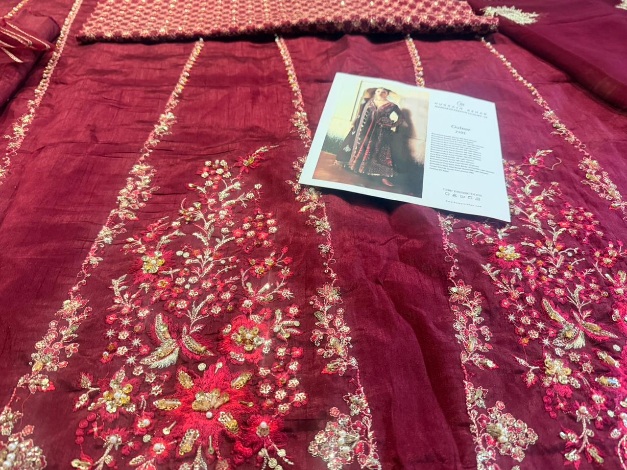 Hussain Rehar Burgundy & Maroon Pishwas | Korean Raw Silk Shawl Set