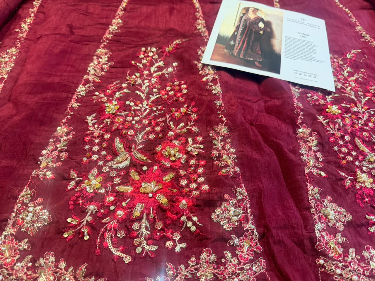 Hussain Rehar Burgundy & Maroon Pishwas | Korean Raw Silk Shawl Set