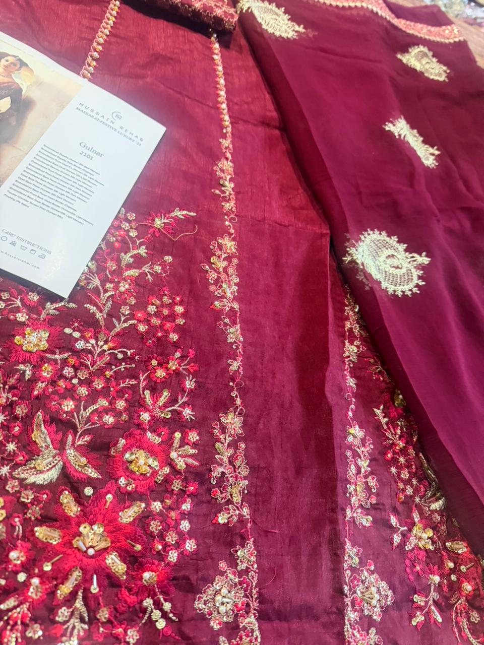 Hussain Rehar Burgundy & Maroon Pishwas | Korean Raw Silk Shawl Set