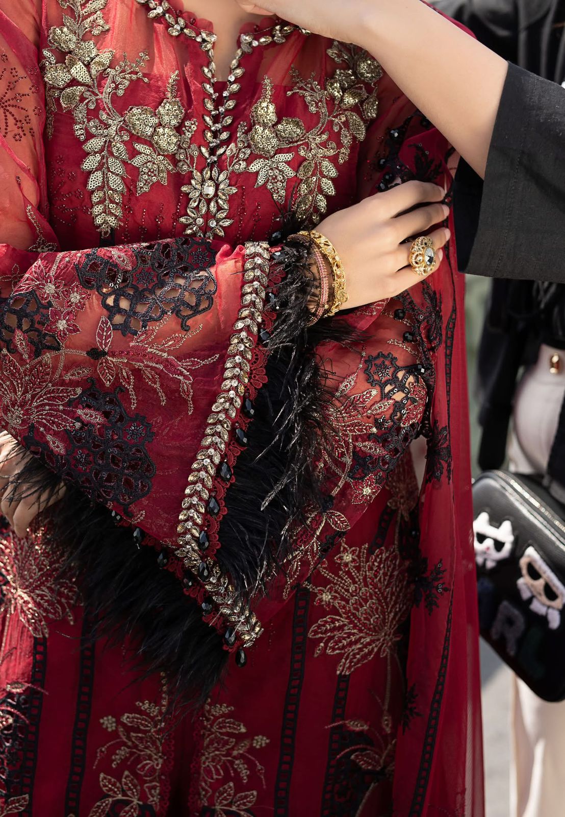 Maria B Blood Red Festive Organza Suit | Hand-Embellished 3D Florals