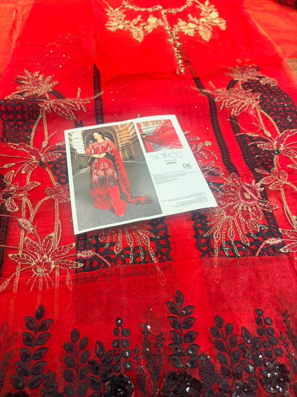 Maria B Blood Red Festive Organza Suit | Hand-Embellished 3D Florals