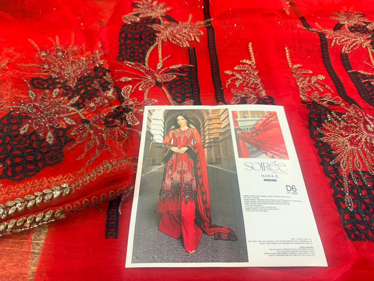 Maria B Blood Red Festive Organza Suit | Hand-Embellished 3D Florals