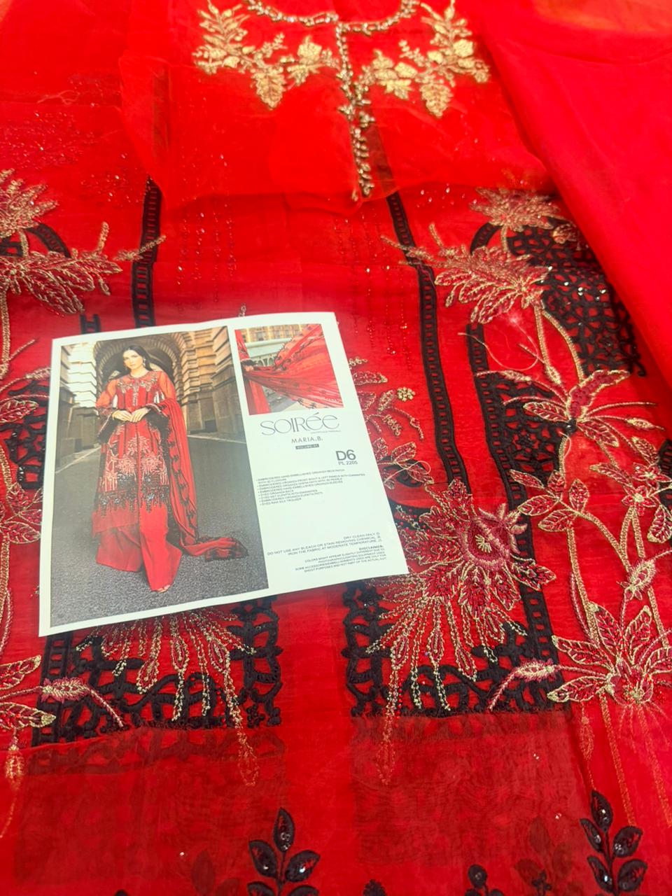 Maria B Blood Red Festive Organza Suit | Hand-Embellished 3D Florals