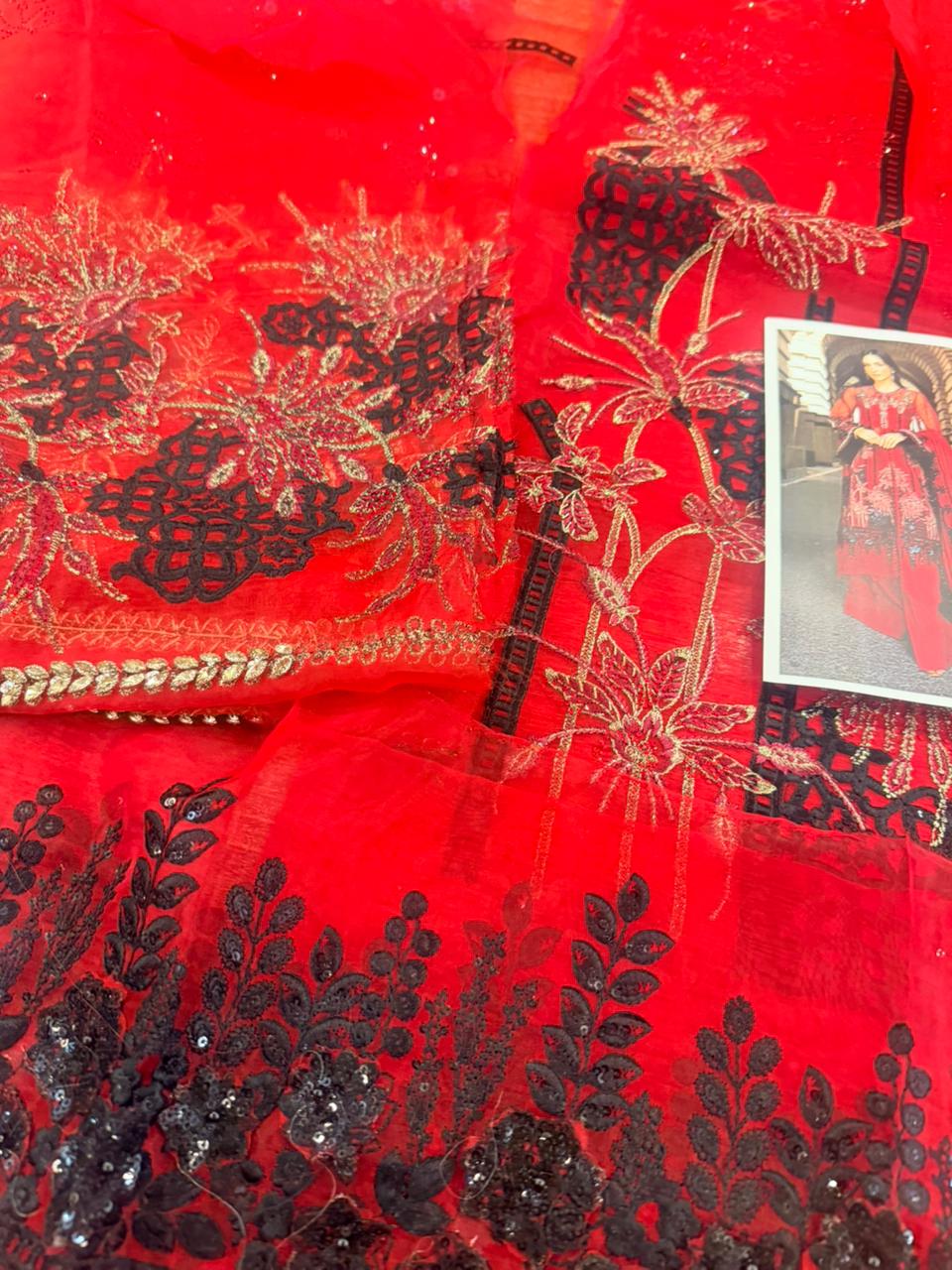 Maria B Blood Red Festive Organza Suit | Hand-Embellished 3D Florals