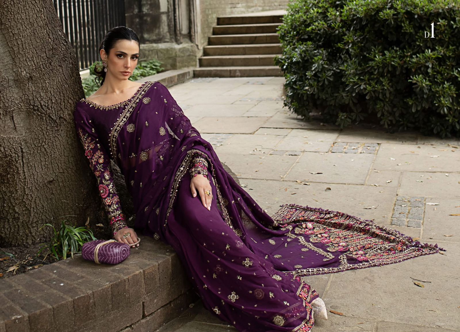 Maria B Plum Chiffon Saree | Hand-Embellished 3D Floral Edition