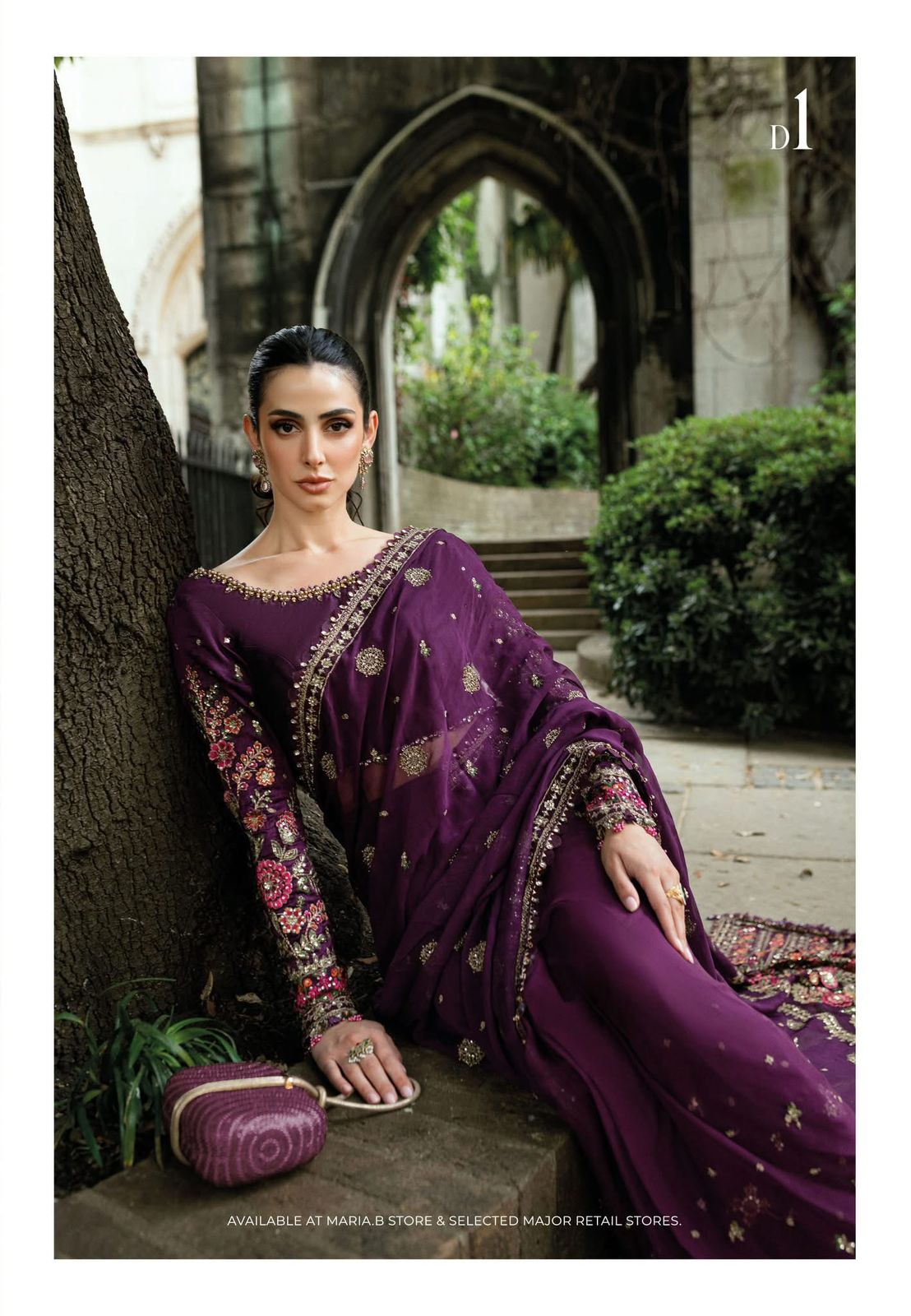 Maria B Plum Chiffon Saree | Hand-Embellished 3D Floral Edition
