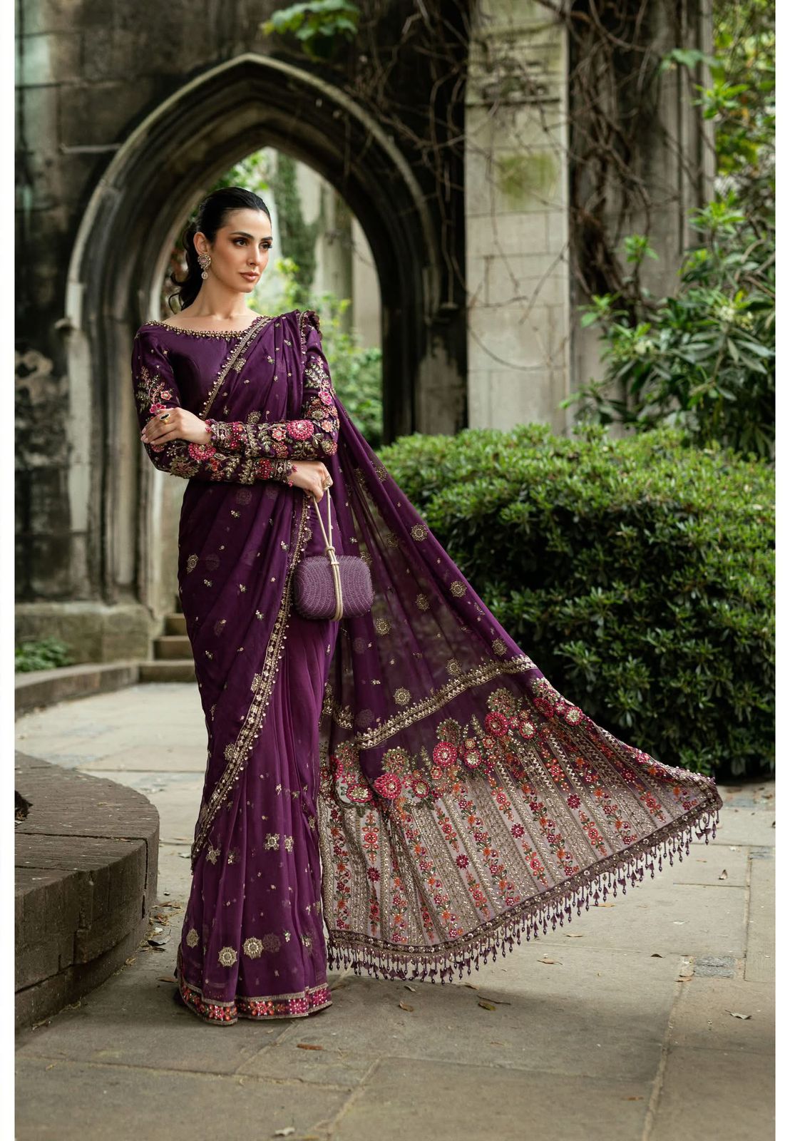 Maria B Plum Chiffon Saree | Hand-Embellished 3D Floral Edition