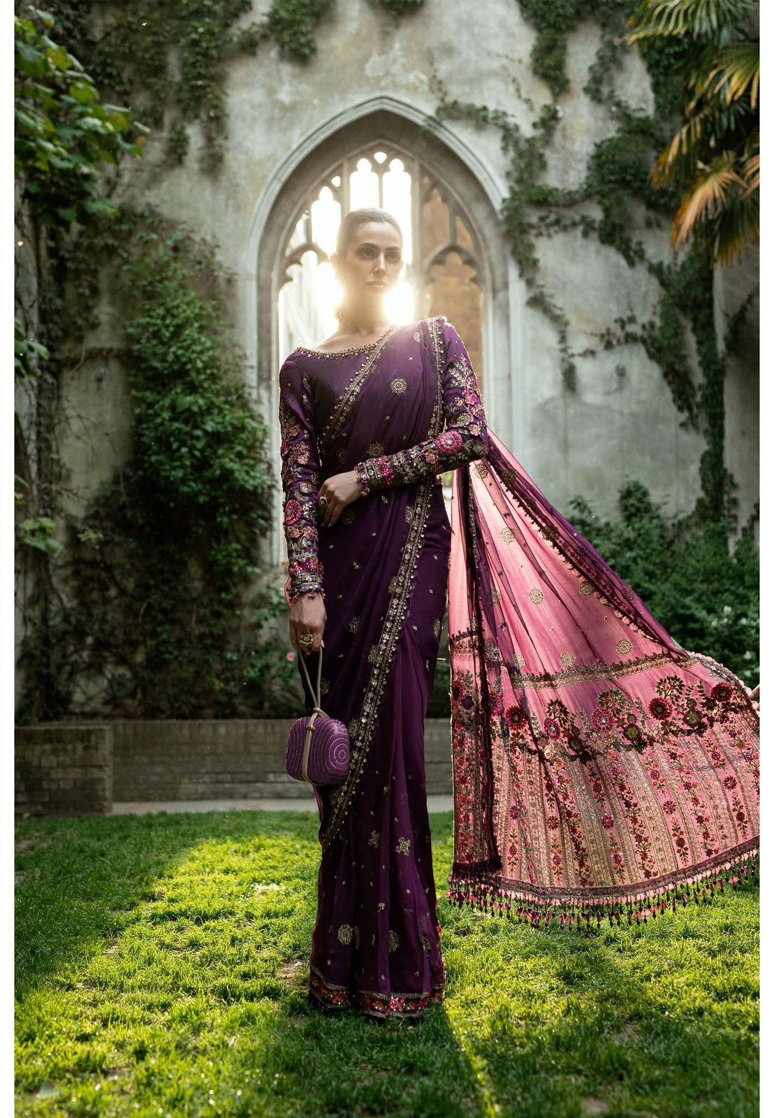 Maria B Plum Chiffon Saree | Hand-Embellished 3D Floral Edition