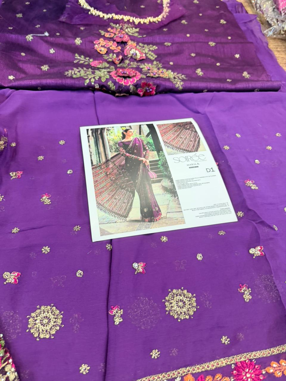 Maria B Plum Chiffon Saree | Hand-Embellished 3D Floral Edition